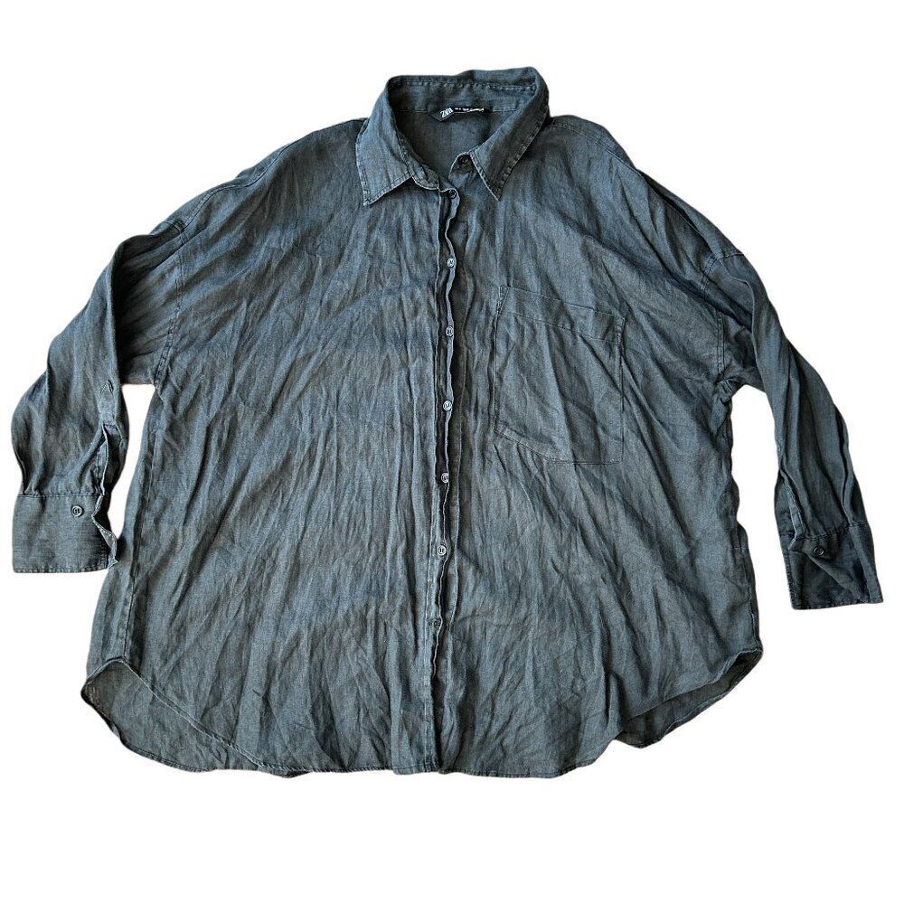 Zara 3/4 Sleeve Linen Oversized Charcoal Black Shirt Size XL